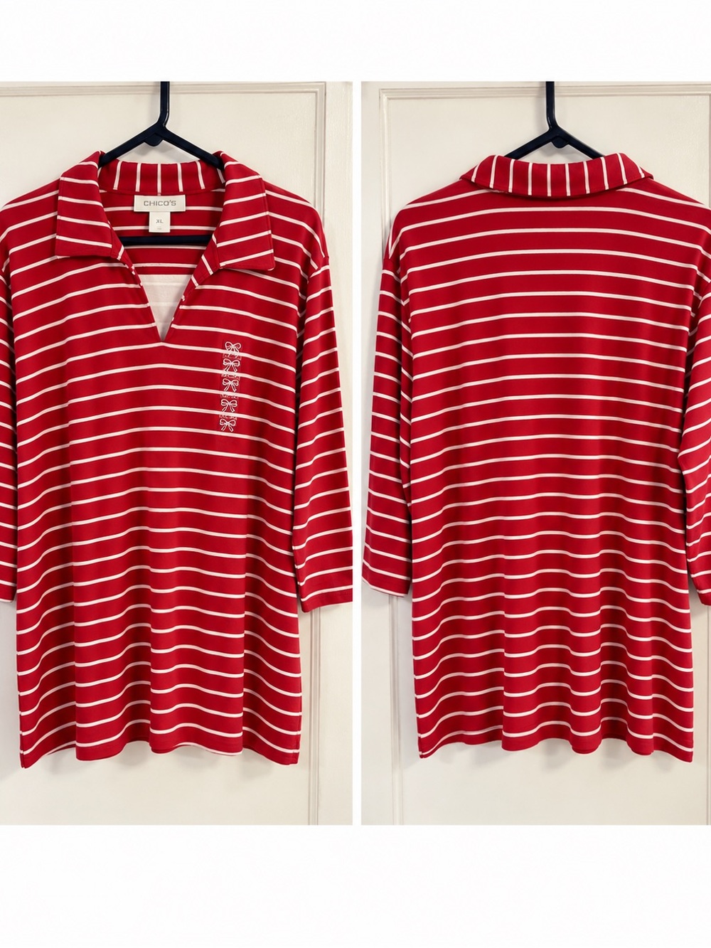 Chico's Red and White Striped Polo Tunic Top